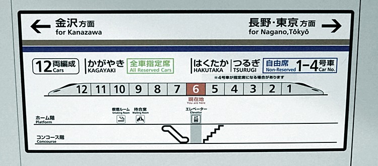 Contoh informasi gerbong non-reserve kereta Kagayaki/Hakutaka 